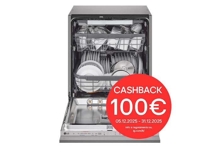 Foto frontale della lavastoviglie LG DB365TXS con cashback